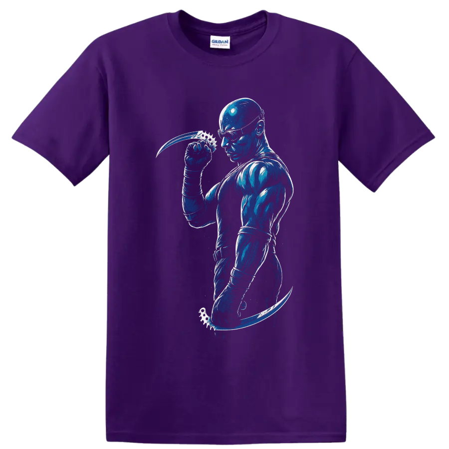 Riddick with goggles and curved blades in distressed blue sci-fi action art on a Purple T Shirt