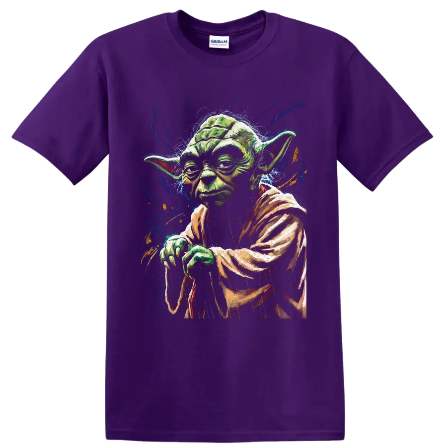 Yoda portrait in painterly galactic paint splash art on a Purple T Shirt