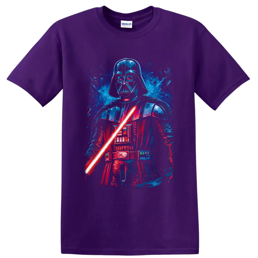 Darth Vader neon-style portrait with red lightsaber and blue sci-fi splatter on a Purple T Shirt