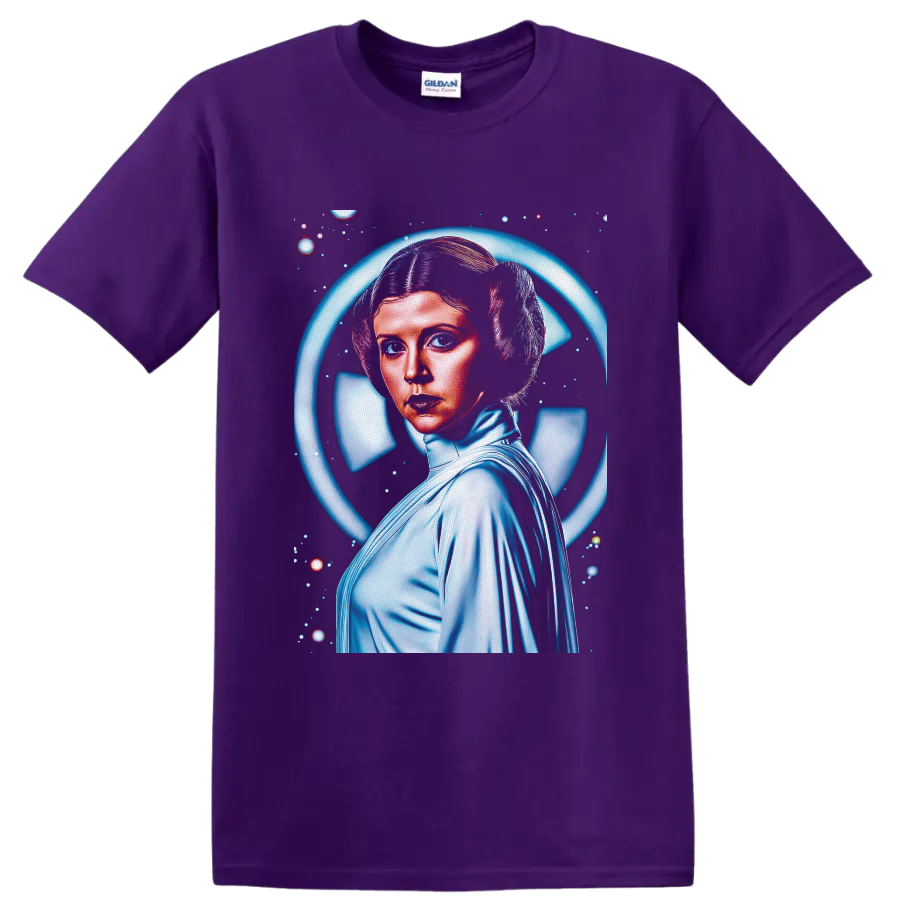 Princess Leia retro space portrait with glowing blue halo and starfield on a Purple T Shirt