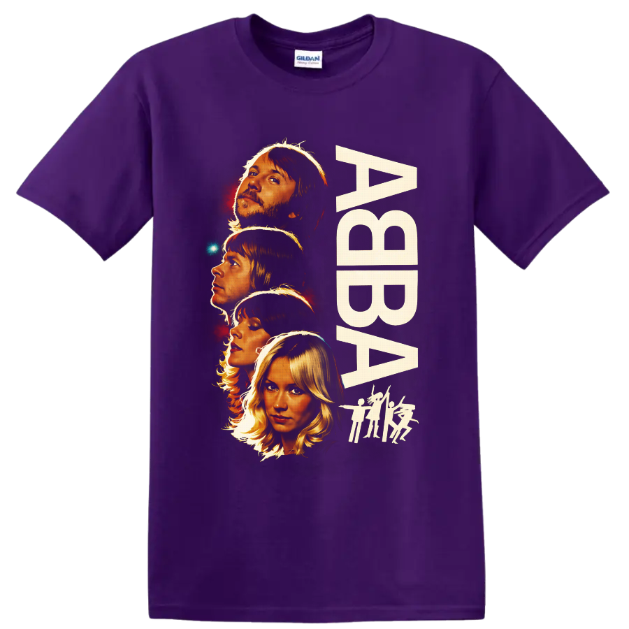 ABBA four-member retro portrait graphic with tall lettering and dancing silhouettes on a Purple T Shirt