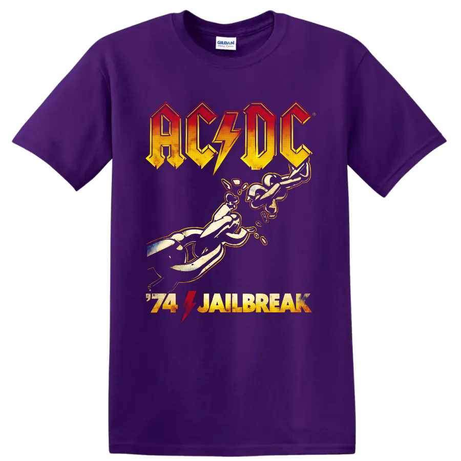 Distressed AC/DC 74 Jailbreak logo with lightning bolt and guitar-playing figures on a Purple T Shirt