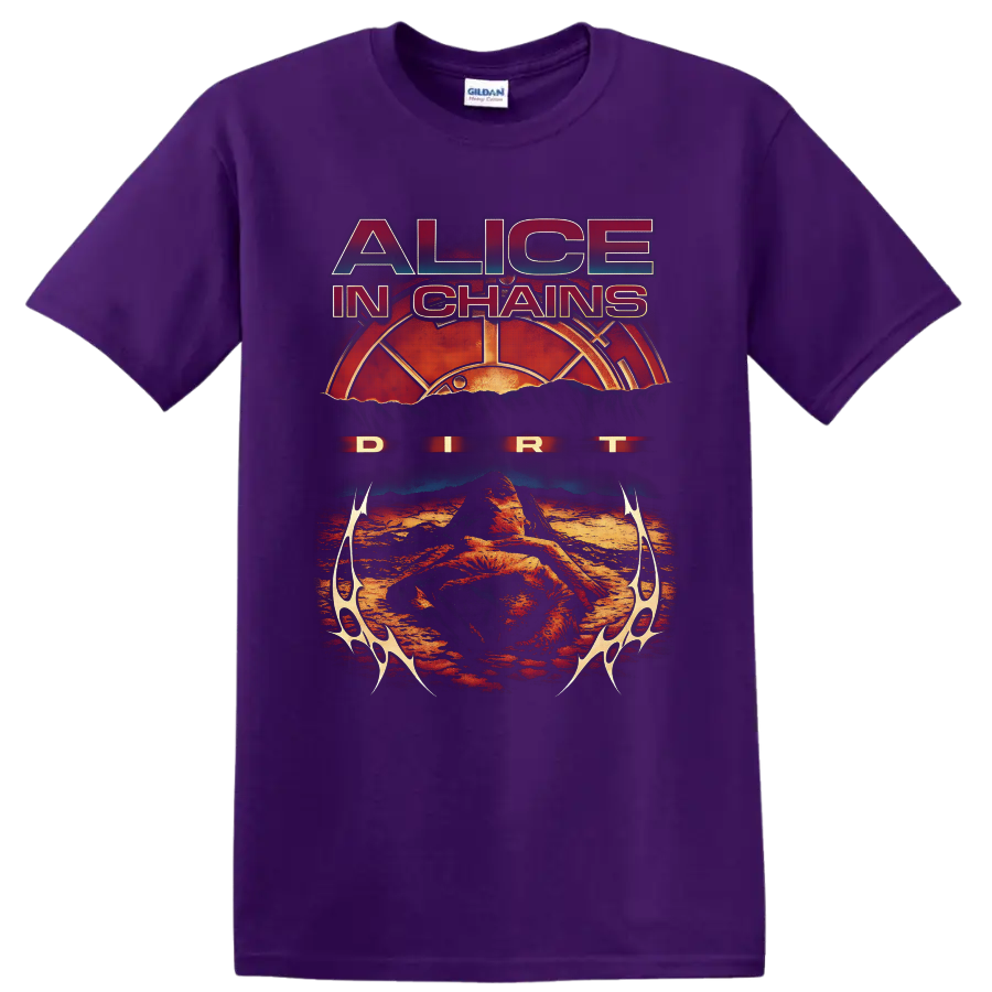 Alice in Chains Dirt album art with distressed text, sunburst, and desert landscape on a Purple T Shirt