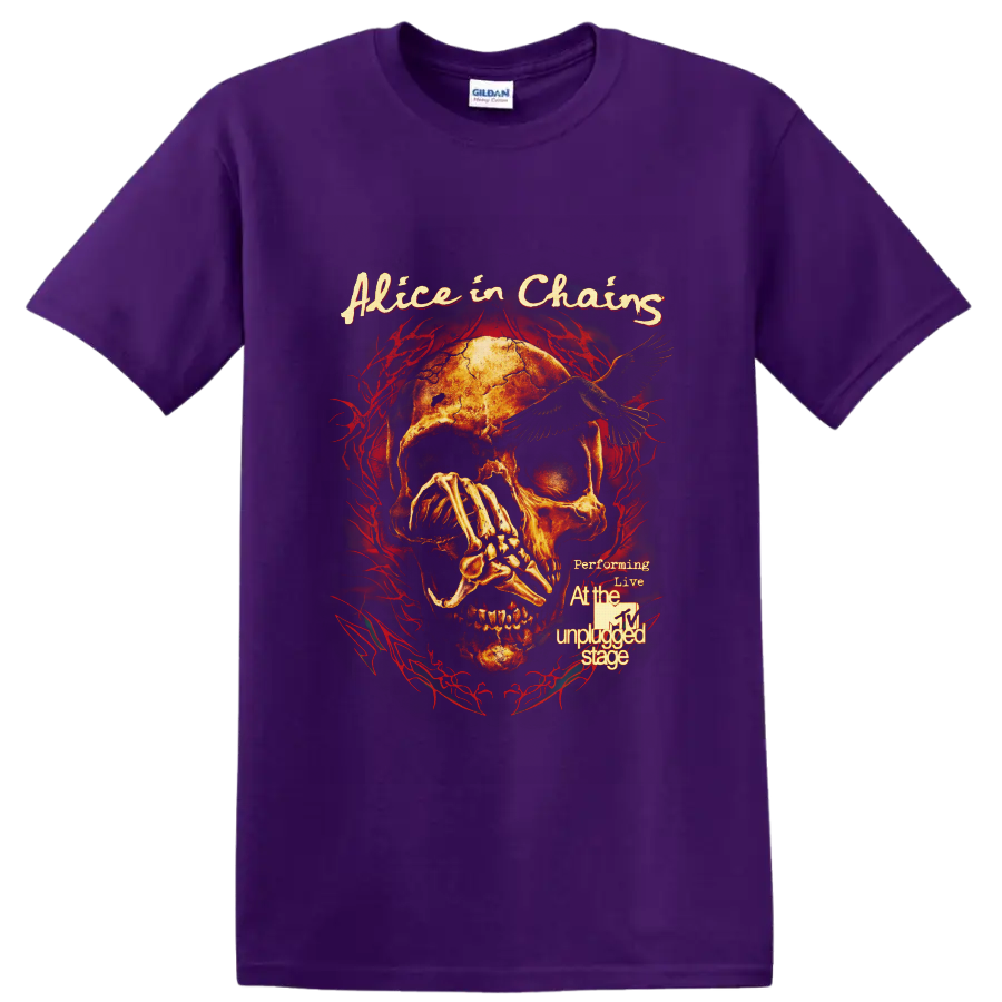 Alice in Chains MTV Unplugged skull, raven, skeletal hand, and red thorn artwork on a Purple T Shirt