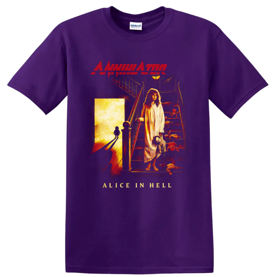 Annihilator Alice in Hell cover art with a girl, staircase, rag dolls, and glowing doorway on a Purple T Shirt