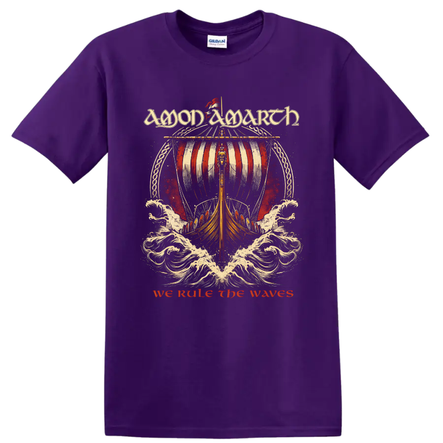 Amon Amarth We Rule the Waves Viking longship and crashing surf metal artwork on a Purple T Shirt