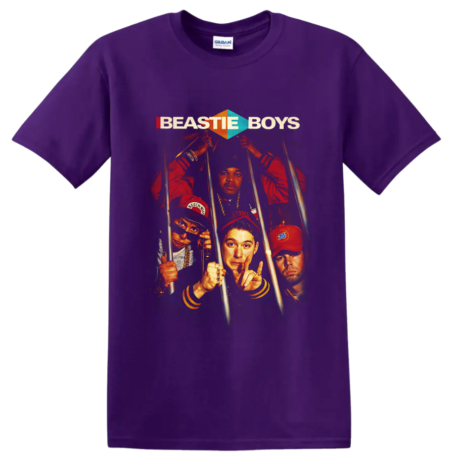 Beastie Boys retro portrait collage behind metal bars with bold logo text on a Purple T Shirt