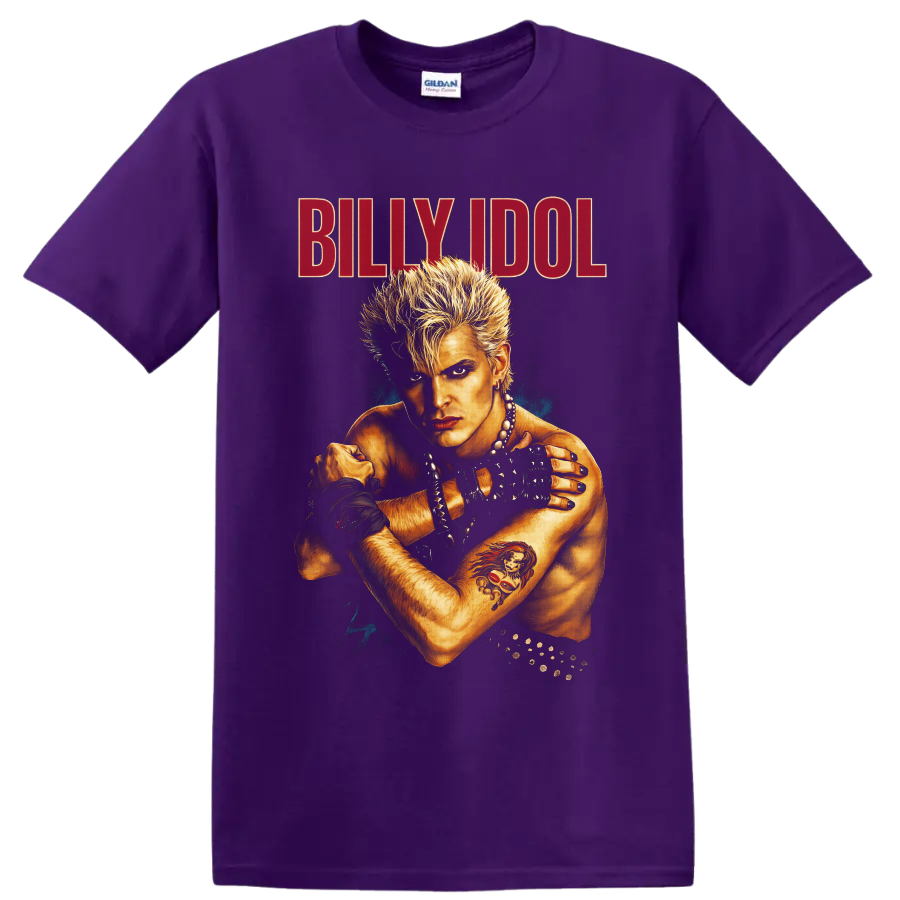 Billy Idol Whiplash Smile punk rock portrait with spiky hair and red BILLY IDOL text on a Purple T Shirt
