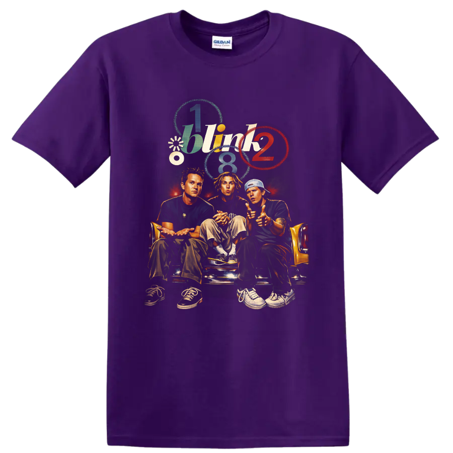 Blink 182 illustrated band portrait on yellow couch with colorful retro number graphics on a Purple T Shirt