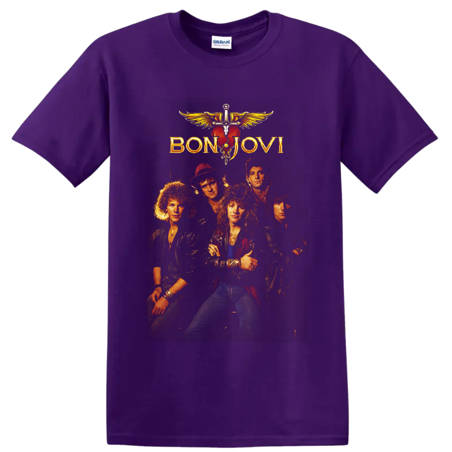 Bon Jovi five-member rock band portrait with gold logo and winged heart dagger emblem on a Purple T Shirt