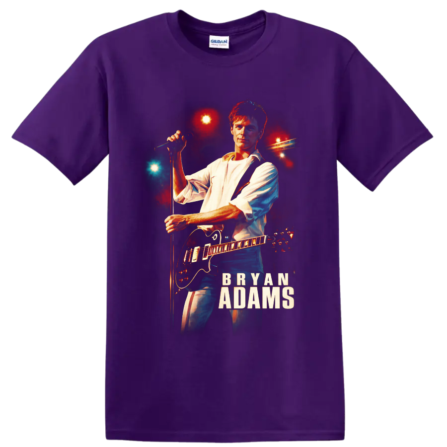 Bryan Adams guitarist at microphone with electric guitar and glowing concert lights on a Purple T Shirt