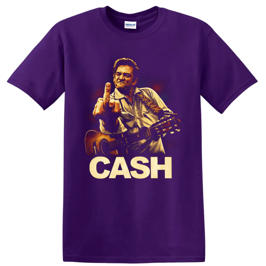 Johnny Cash illustrated guitar portrait with raised hand and distressed CASH lettering on a Purple T Shirt