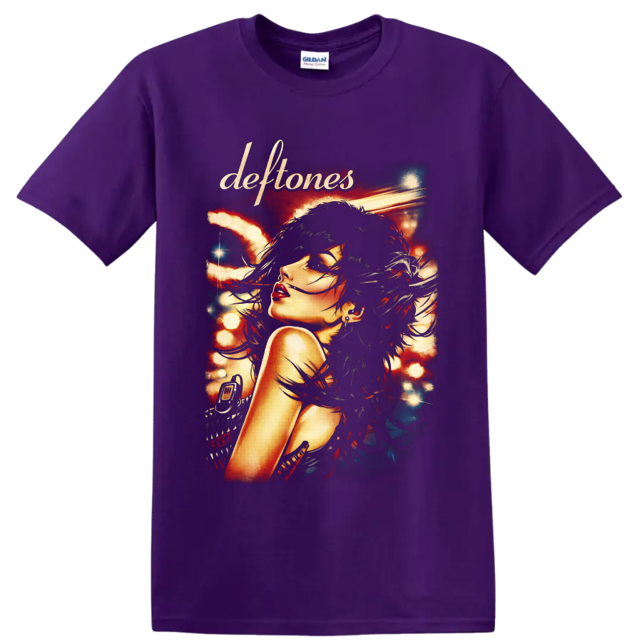 Deftones gothic woman portrait with windswept hair and glowing concert-poster lights on a Purple T Shirt