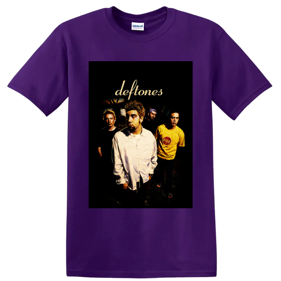 Deftones band portrait with Chino Moreno and gold script logo on a Purple T Shirt