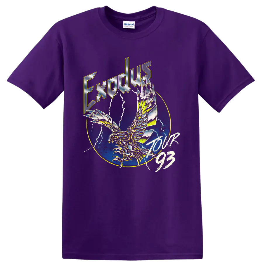 Exodus Tour 93 mechanical eagle with lightning and blue circular metal artwork on a Purple T Shirt