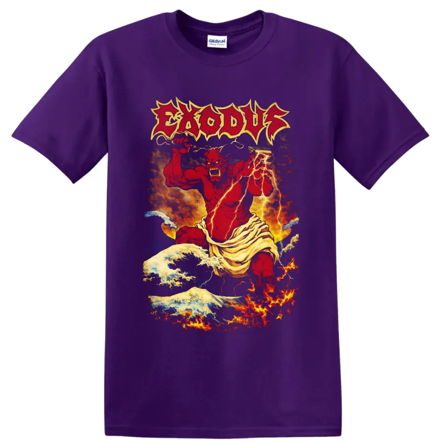 Exodus red demon with sword, lightning, ocean waves, fire, and distressed logo on a Purple T Shirt