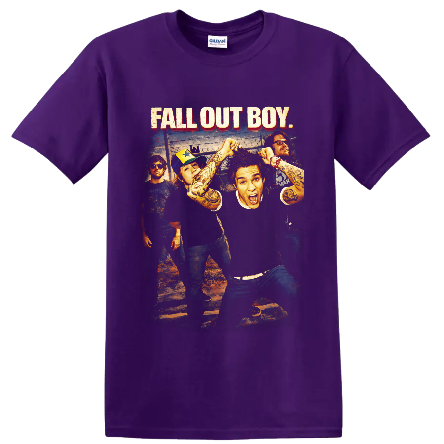 Fall Out Boy band photo with distressed red-shadowed lettering and punk rock styling on a Purple T Shirt