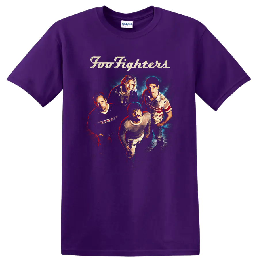 Foo Fighters four-member portrait with cream script and red-blue concert lighting on a Purple T Shirt