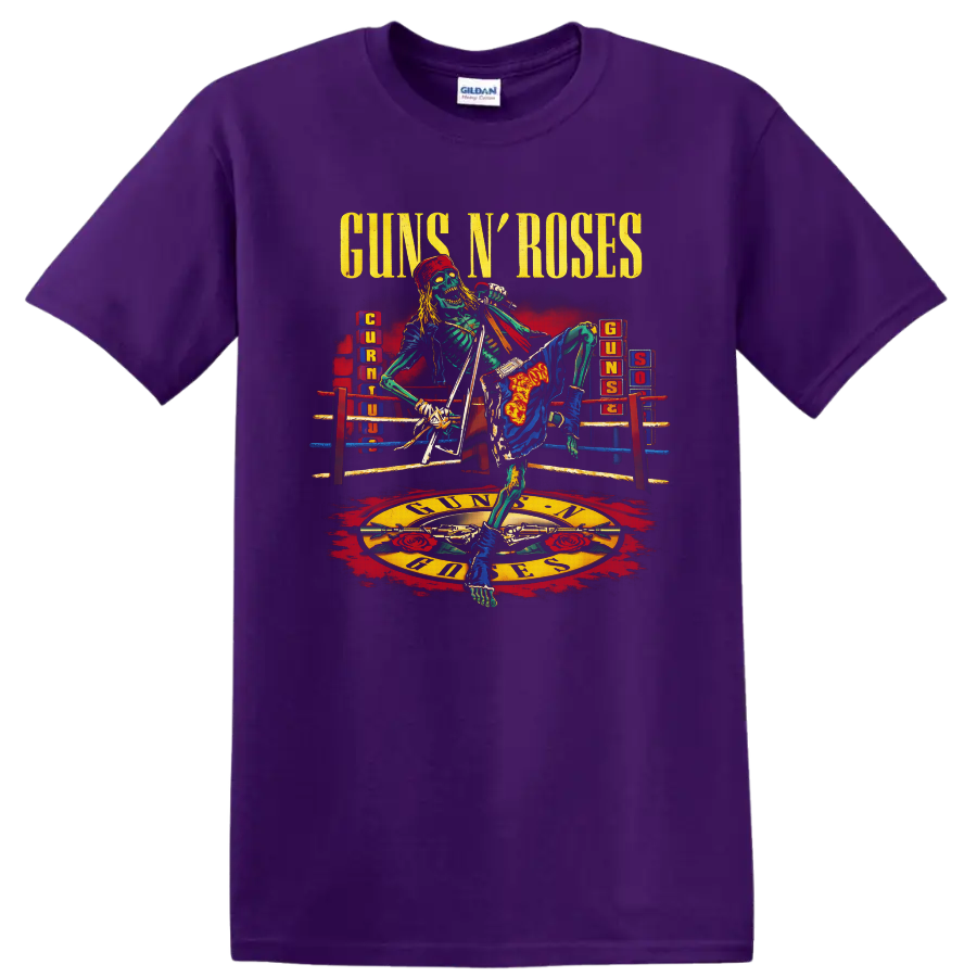 Guns N' Roses skeleton singer in a boxing ring with roses and crossed pistols on a Purple T Shirt