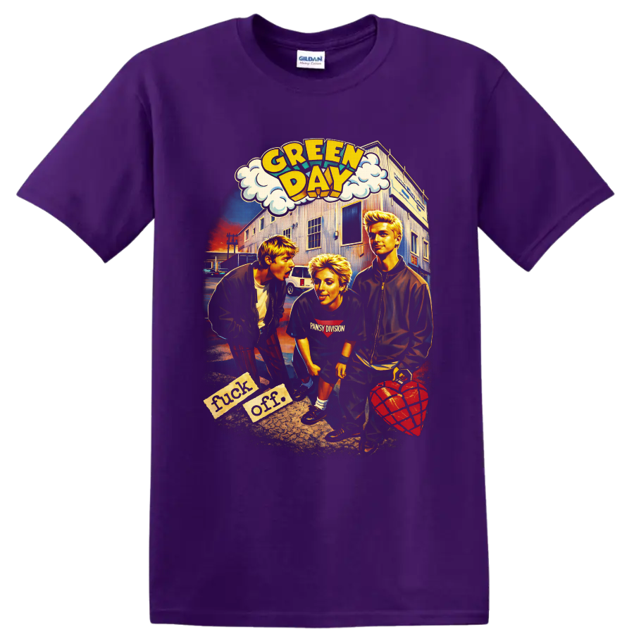 Green Day American Idiot comic street scene with three figures and heart grenade on a Purple T Shirt