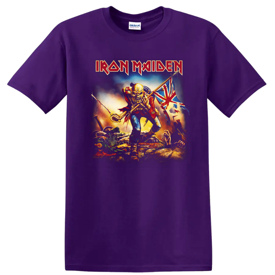 Iron Maiden The Trooper Eddie skeletal soldier with saber and tattered battle flag on a Purple T Shirt