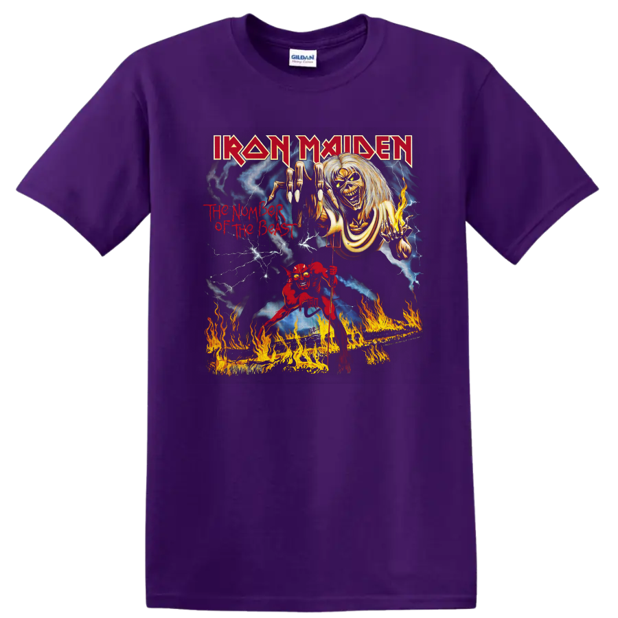 Iron Maiden The Number of the Beast Eddie horror art with lightning and flames on a Purple T Shirt