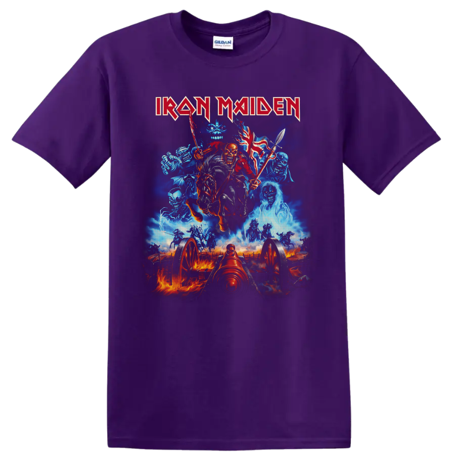 Iron Maiden Eddie skeletal cavalry rider with cannon and ghostly battlefield artwork on a Purple T Shirt