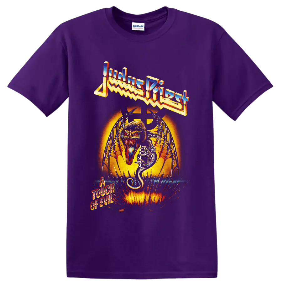Judas Priest A Touch of Evil demon and snake heavy metal artwork on a Purple T Shirt