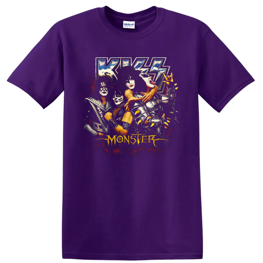 KISS Monster album artwork with four face-painted performers and fiery red smoke on a Purple T Shirt