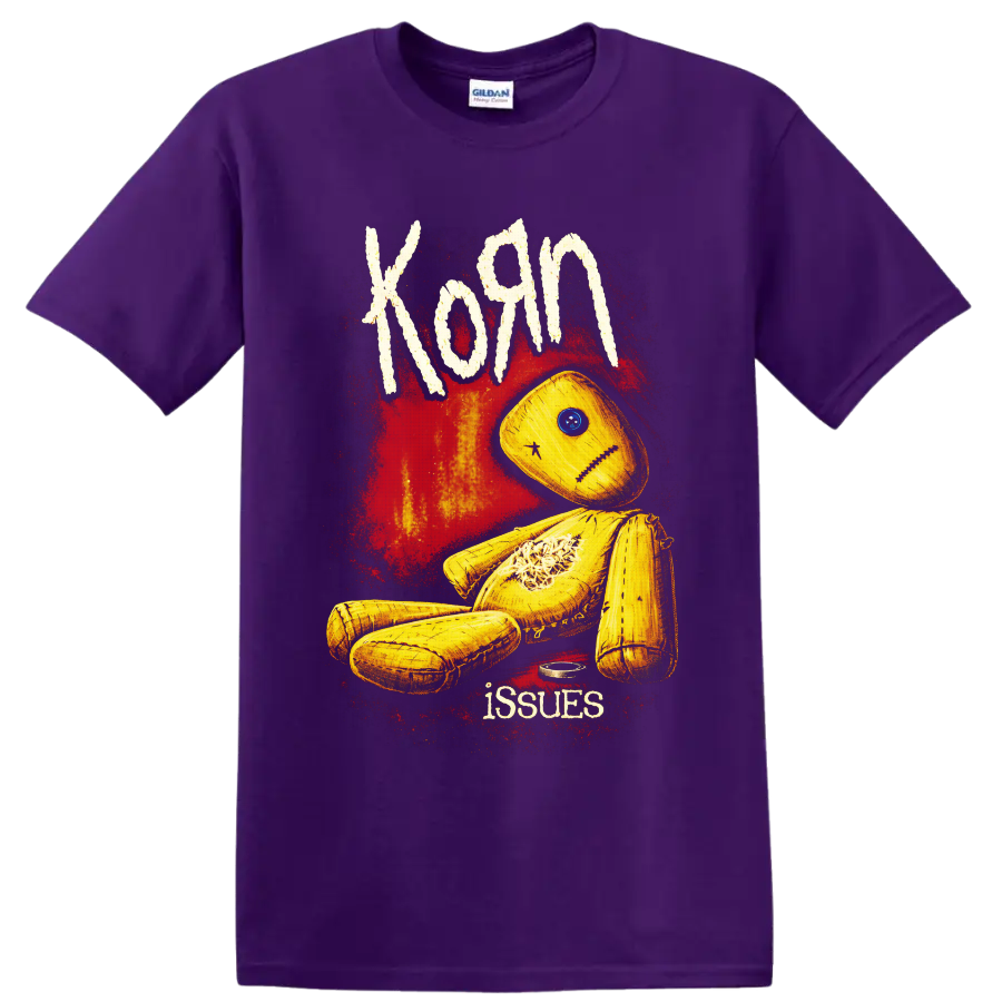 Korn Issues yellow stitched doll with blue button eye and red distressed artwork on a Purple T Shirt