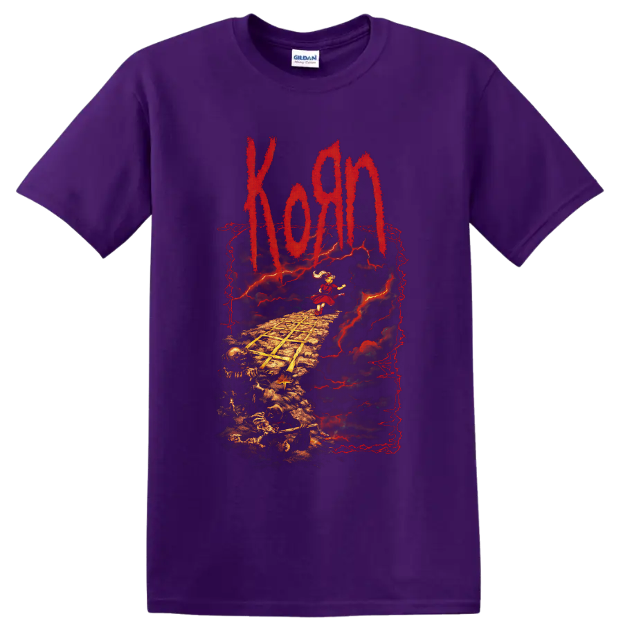 Korn Follow the Leader art with child, skeleton path, red lightning and distressed logo on a Purple T Shirt