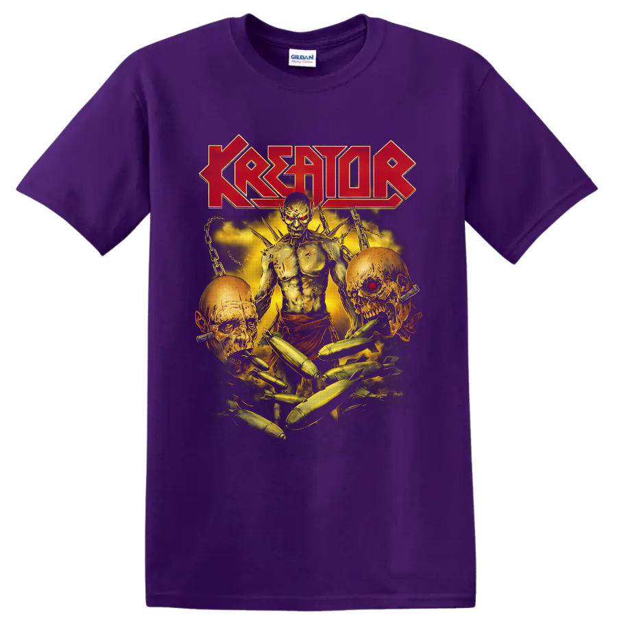 Kreator logo above undead warrior, skulls, chains, smoke, and bomb horror artwork on a Purple T Shirt