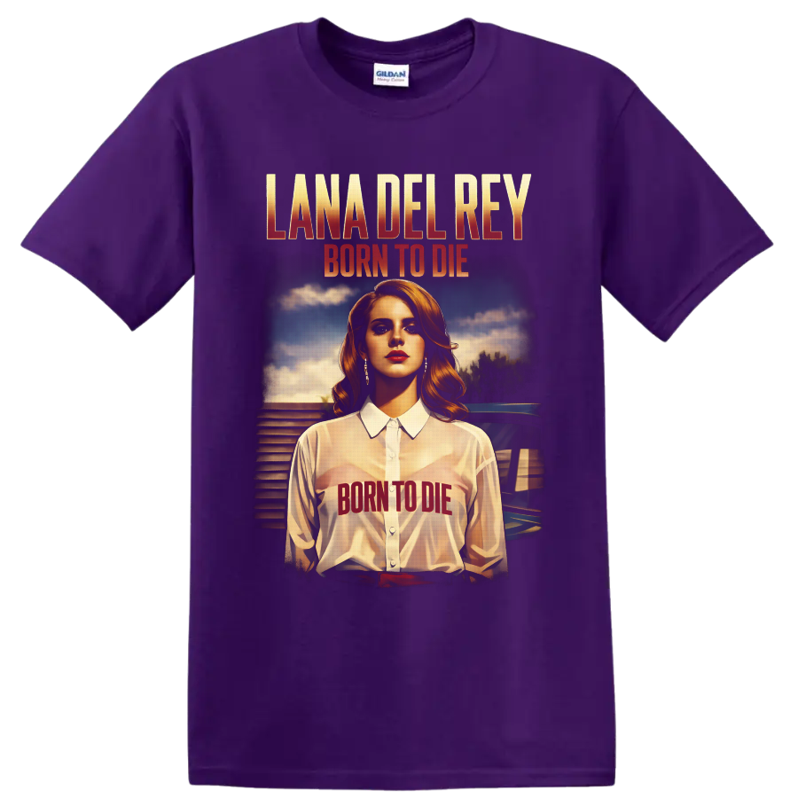 Lana Del Rey Born to Die retro portrait with distressed album lettering and vintage car on a Purple T Shirt