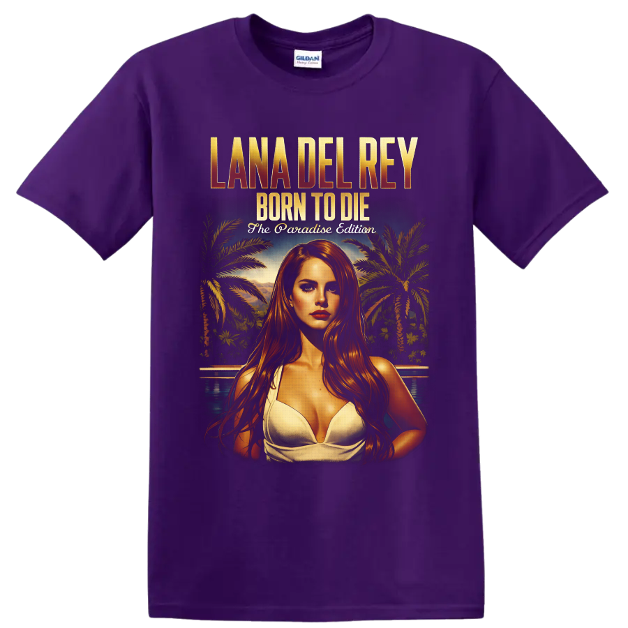 Lana Del Rey Born to Die Paradise Edition tropical portrait with palm trees and pool on a Purple T Shirt