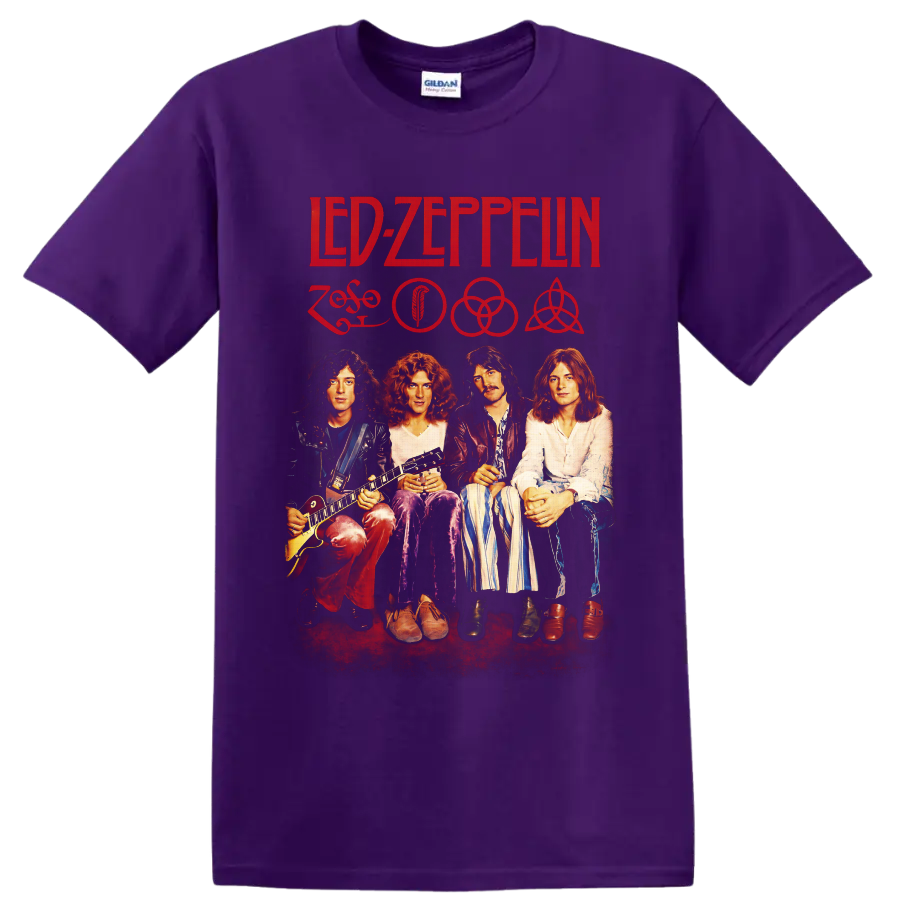 Led Zeppelin four-member portrait with red logo, symbols, and vintage rock poster style on a Purple T Shirt