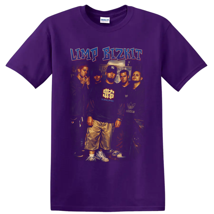 Limp Bizkit illustrated group portrait with bold collegiate-style logo lettering on a Purple T Shirt
