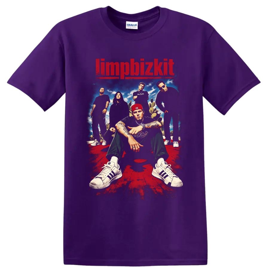 Limp Bizkit band portrait with Fred Durst, distressed red logo, cacti, and poster art on a Purple T Shirt