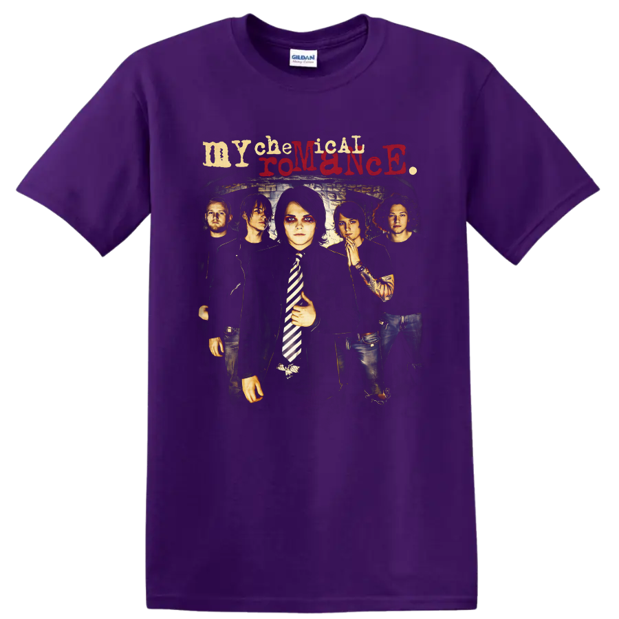 My Chemical Romance five-member gothic band portrait with distressed lettering on a Purple T Shirt