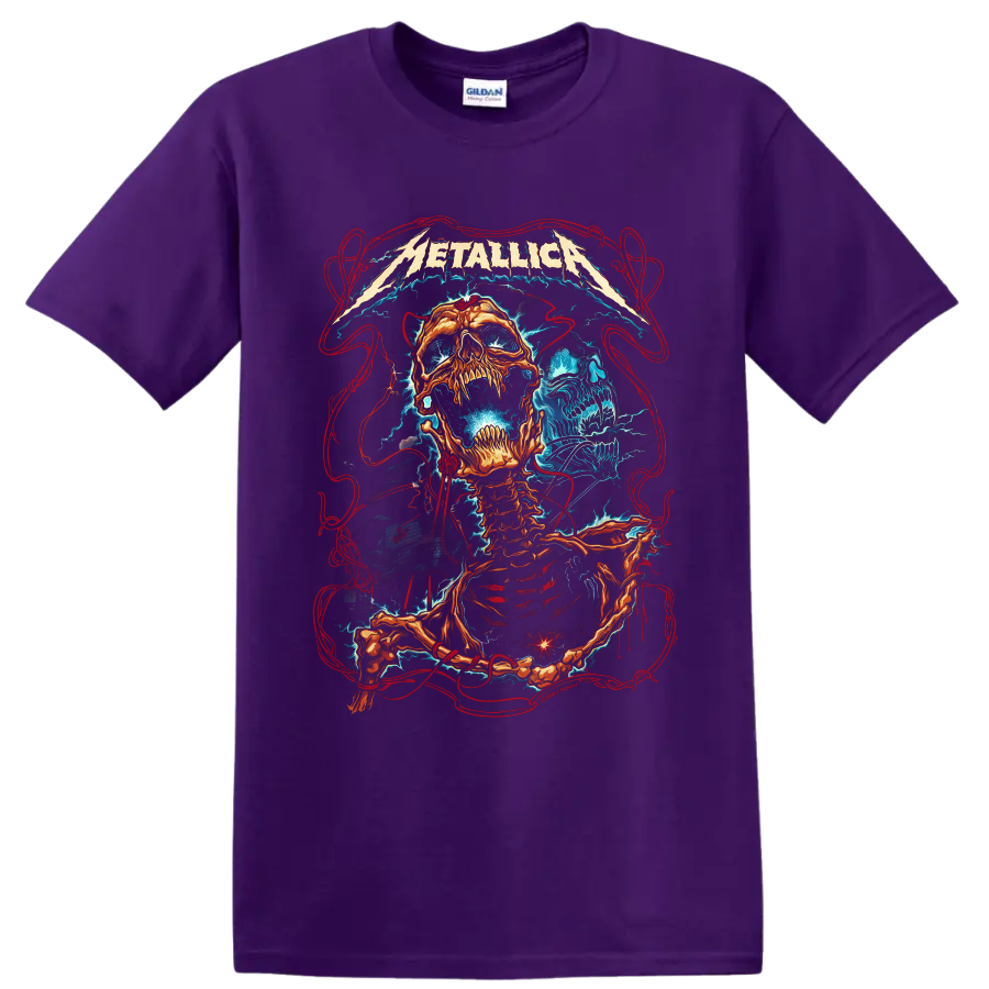 Metallica logo above fiery skeleton and blue skull lightning heavy metal artwork on a Purple T Shirt