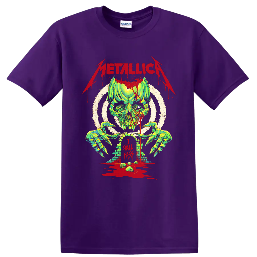 Metallica Creeping Death horror skull and claw graphic with I Shall Pass text on a Purple T Shirt