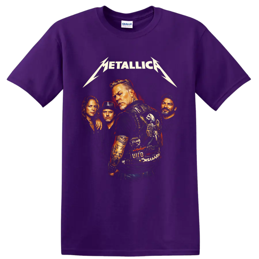 Metallica four-member portrait with lightning logo and vintage heavy metal poster art on a Purple T Shirt
