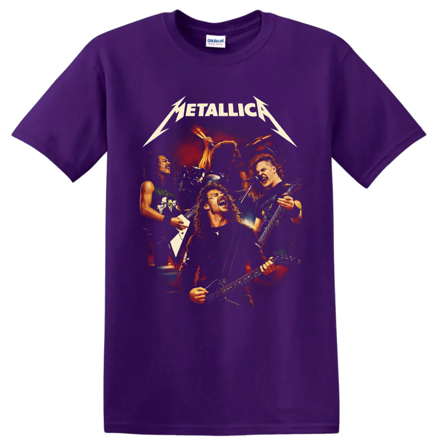 Metallica live concert collage with four musicians, guitars, drums, and fiery stage lights on a Purple T Shirt