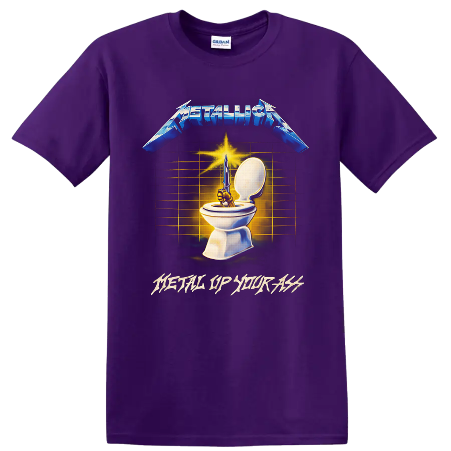 Metallica Metal Up Your Ass sword and toilet artwork with blue logo and gold burst on a Purple T Shirt