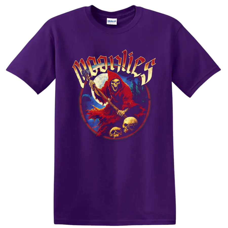 Moonlies red hooded skeletal reaper with skulls, moon, and gothic lettering on a Purple T Shirt