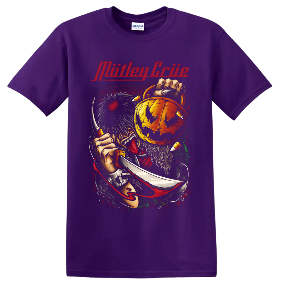 Mötley Crüe horror pumpkin with clawed figure, knife, and red splatter art on a Purple T Shirt