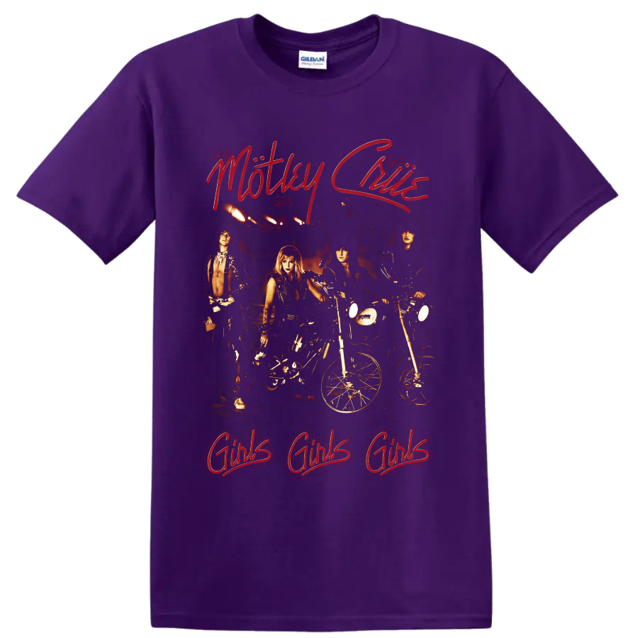 Mötley Crüe Girls Girls Girls biker graphic with motorcycles and red script on a Purple T Shirt