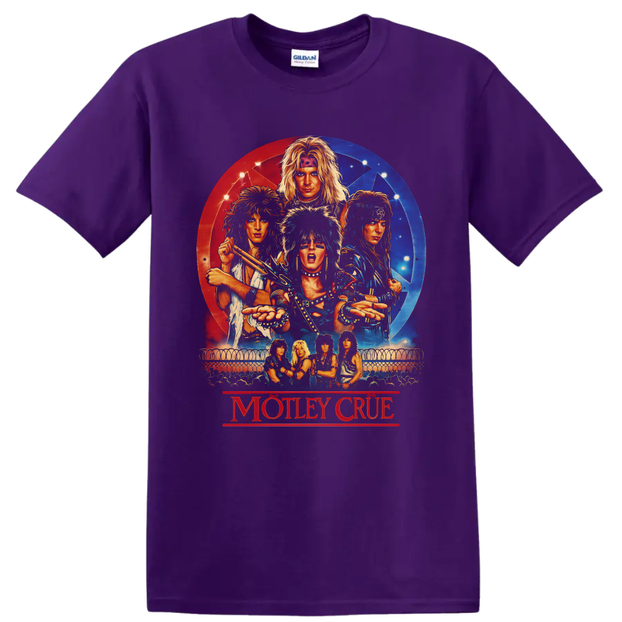 Mötley Crüe illustrated glam metal band portraits with red and blue concert poster on a Purple T Shirt