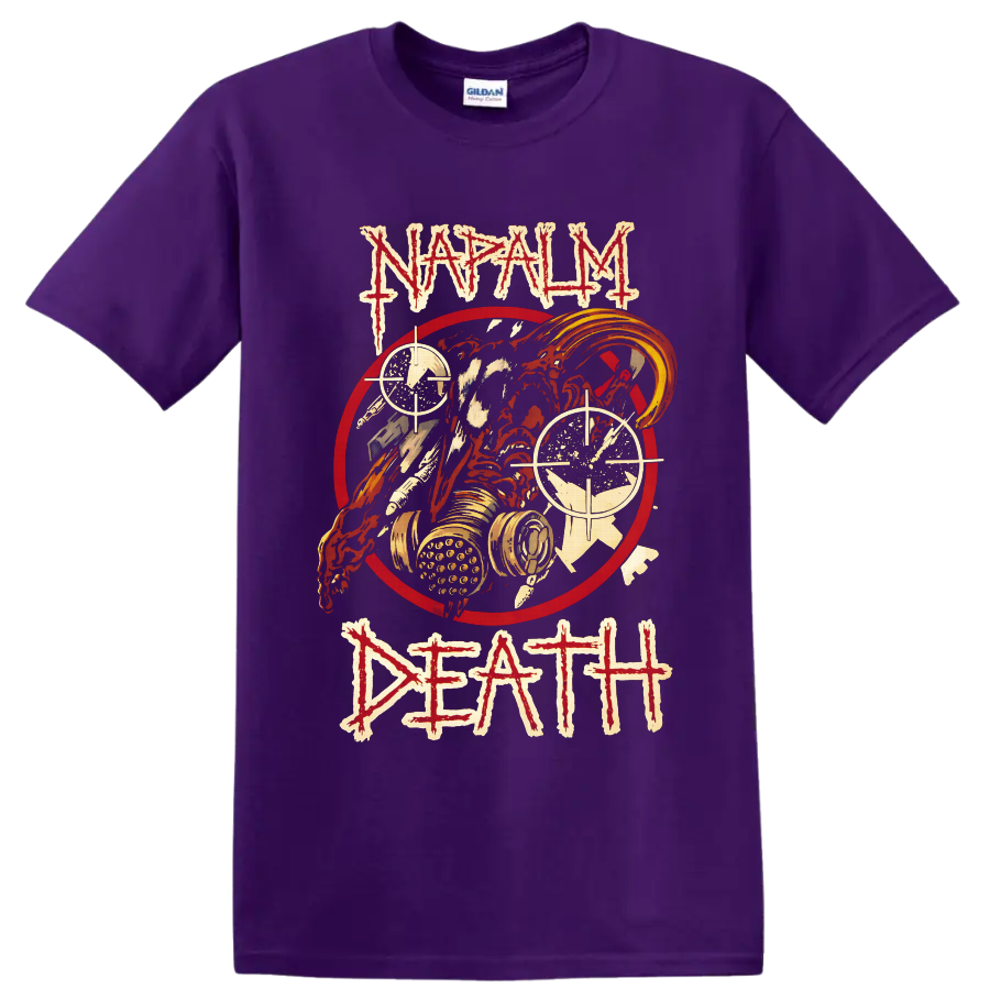 Napalm Death Life? distressed gas mask skull and crosshair death metal graphic on a Purple T Shirt
