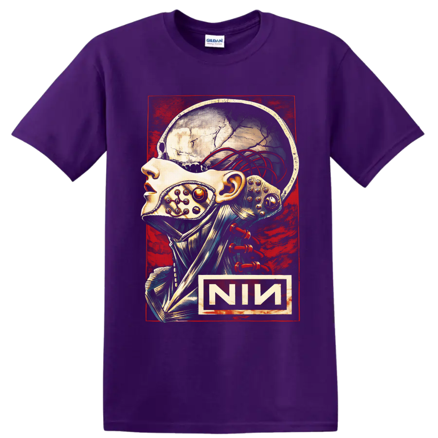 Nine Inch Nails cybernetic skull illustration with red wires and distressed industrial on a Purple T Shirt