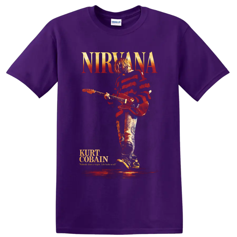 Kurt Cobain playing guitar beneath Nirvana text in distressed red concert poster style on a Purple T Shirt